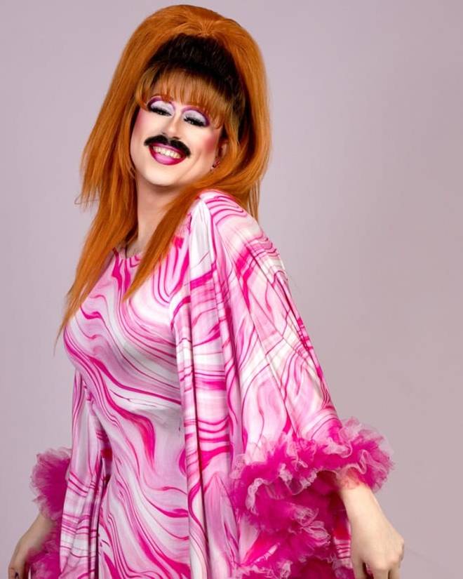 Flick in a pink marbled gown